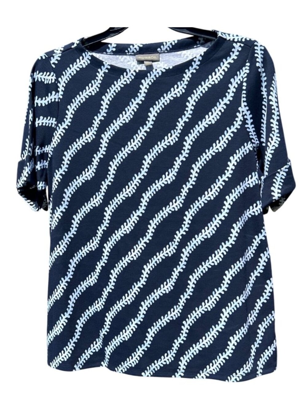 Style & Co Plus Size 2X Elbow-Sleeve Tee Industrial Blue With White Pattern